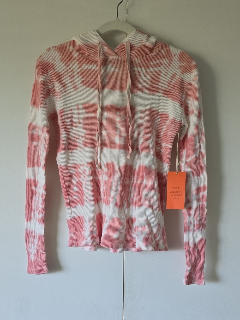 NEW La Detresse Tie-Dye Thermal Hooded Pullover - Pink & White  Womens XS